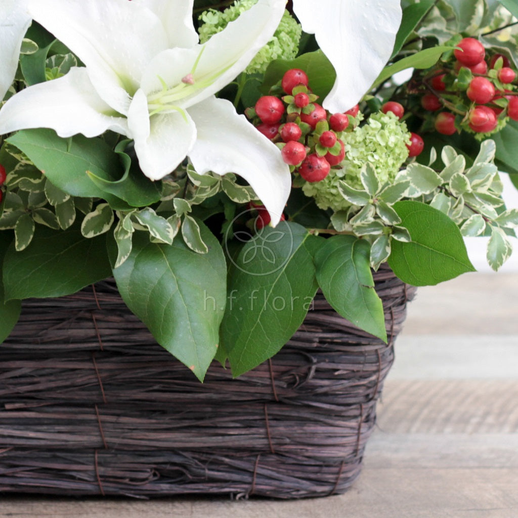 Shower of blessings flower basket side detail