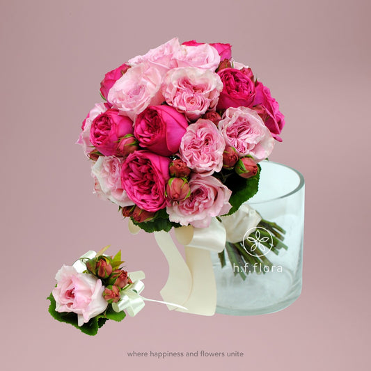 Pink and hot pink garden rose wedding bouquet